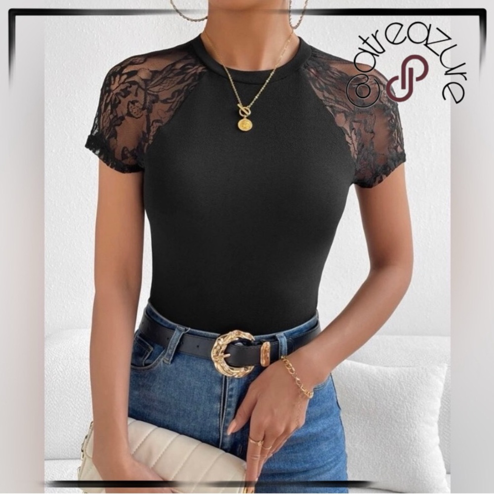🆕 Black Contrast Lace Raglan Sleeve Tee
